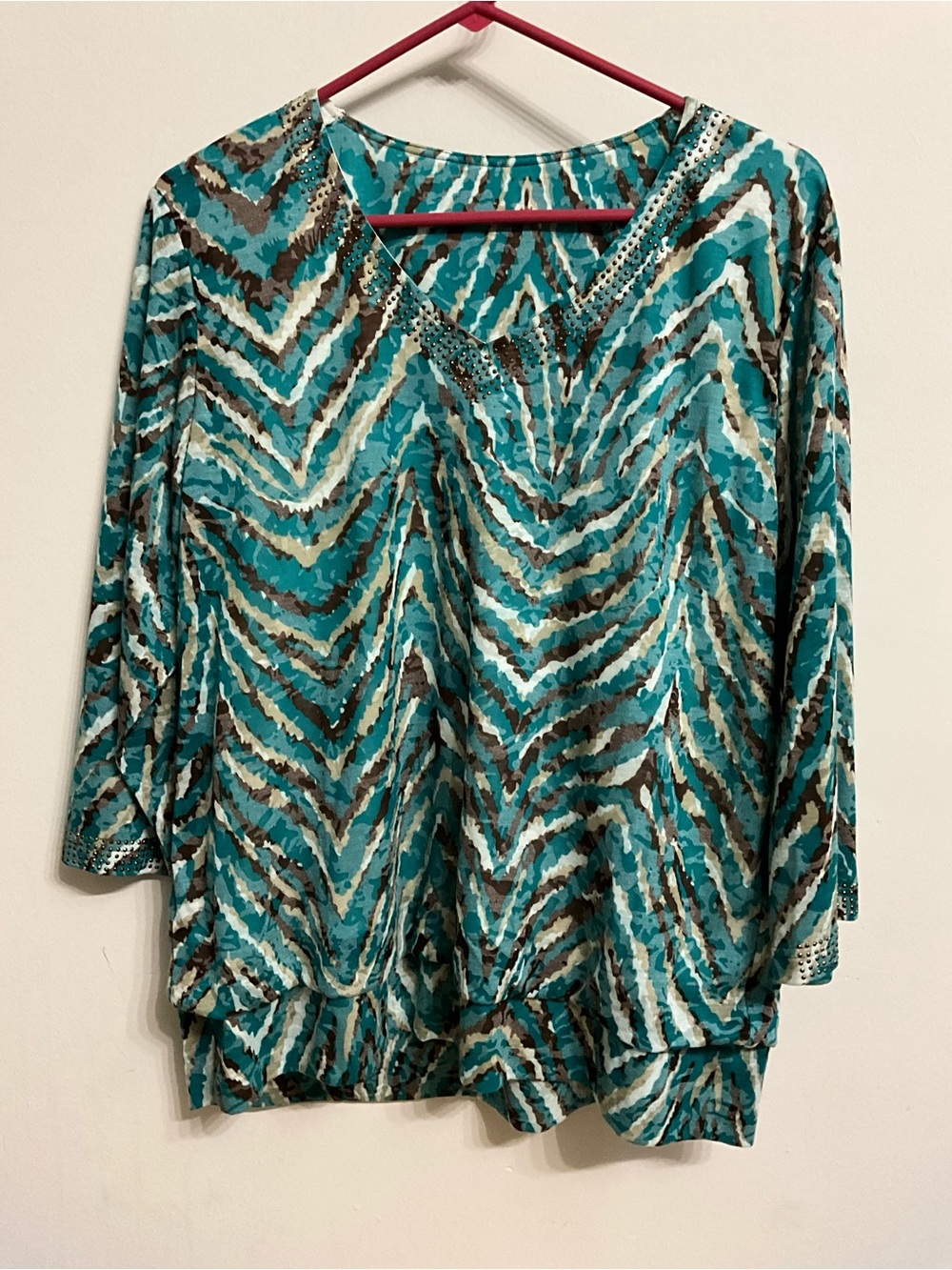 Teal Animal-Print V-Neck Long Sleeve Top